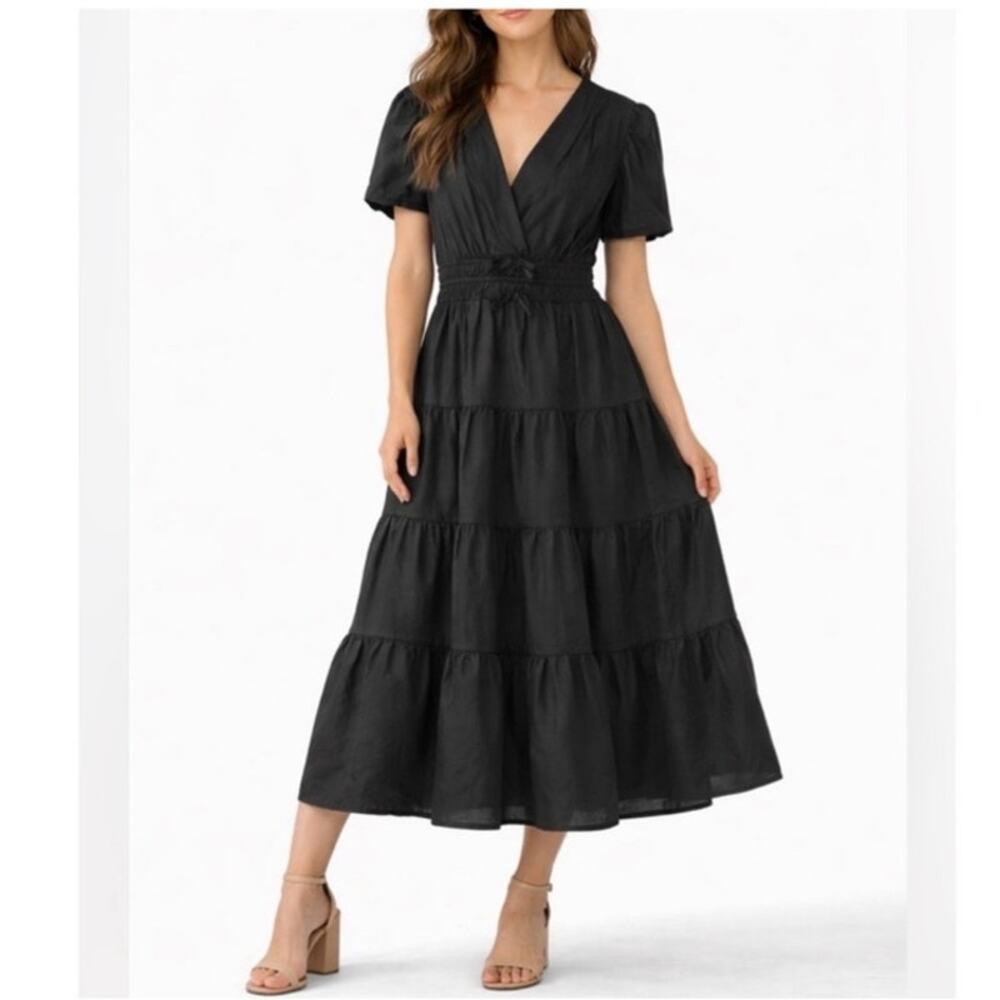 NWT Meadow Rhodes Medium Black Tiered Midi Dress Coquette Cottage Peasant